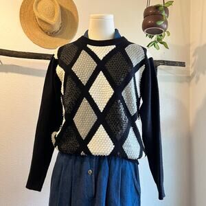 Vintage 90s Black Diamond Knit Sequin Beaded Pullover Sweater Size Medium